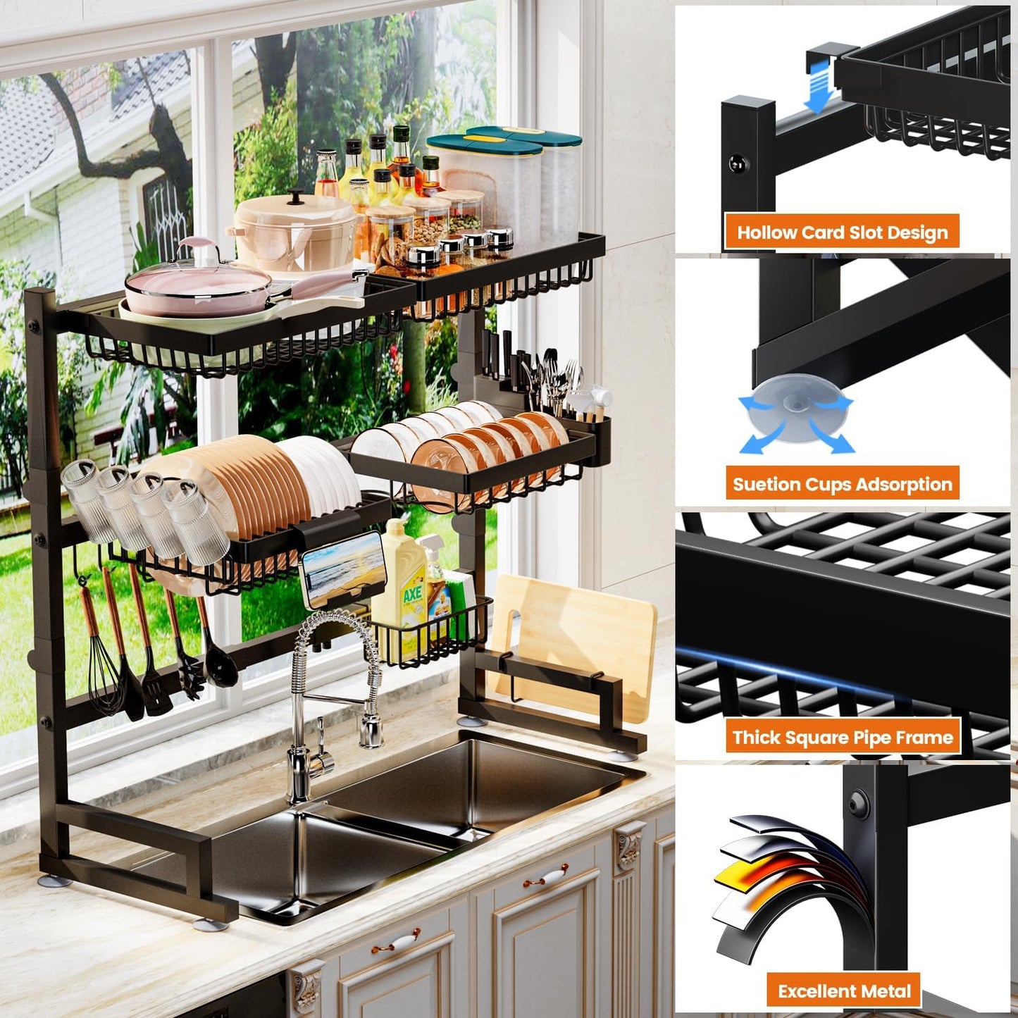 Over The Sink Dish Drying Rack 27-40L x 12W x 32.5-37H (inches) (Expandable Height and Length) Snap-On Design 2 Tier Large Dish Rack