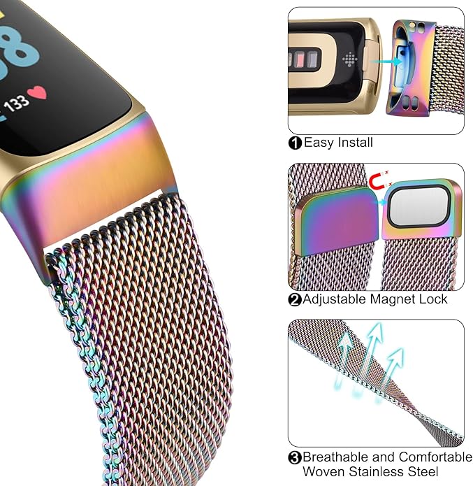 Meliya for Fitbit Charge 6 Bands Women Men, Stainless Steel Metal Mesh Loop Adjustable Magnetic Wristband Replacement Straps Compatible with Fitbit Charge 6 Fitness Tracker