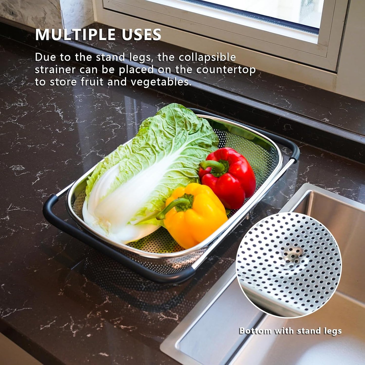 REDANT Over The Sink Colander - Expandable Stainless Steel Strainer with Fine Mesh for Pasta, Rice, Fruits & Vegetables - Kitchen Colander with Rubber Grip Handles, Silver (1-Pack)