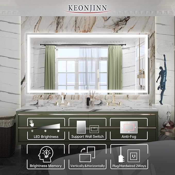 Keonjinn 72 x 36 Inch LED Bathroom Mirror