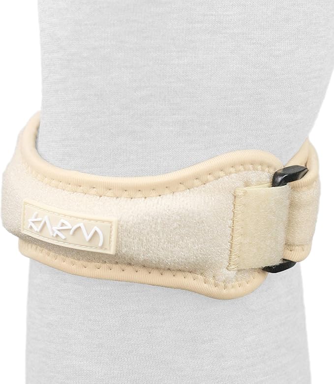 KARM Patella Band - Patellar Tendon Support Strap - Knee Bands for Pain, Basketball, Sports - Jumpers Knee Brace for Women & Men (XS/S/M/L/XL, Single Strap, Beige)