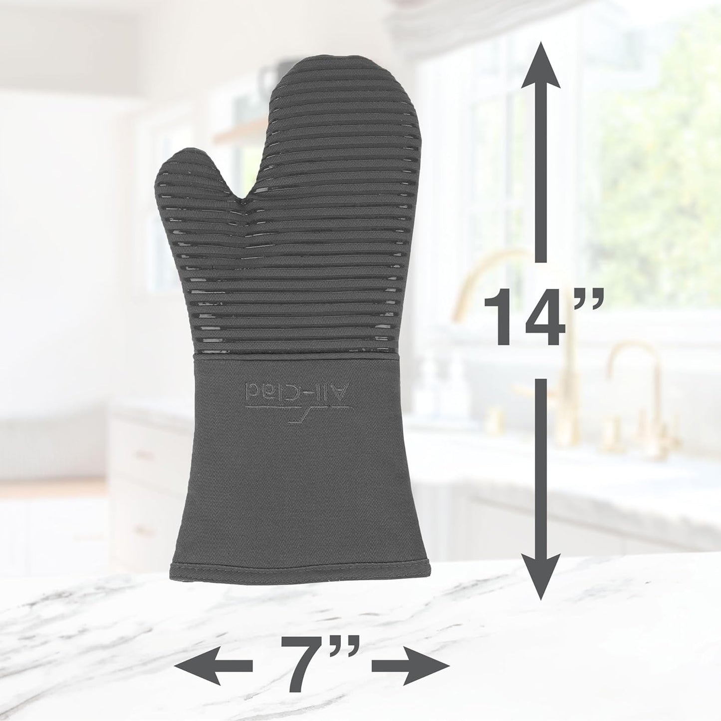 All Clad Silicone Oven Mitt: Heat Resistant up to 500 Degrees - 100% Cotton & Silicone, 14"x7" Oven Mitt for Kitchen and Barbeque, 1-Pack, Pewter