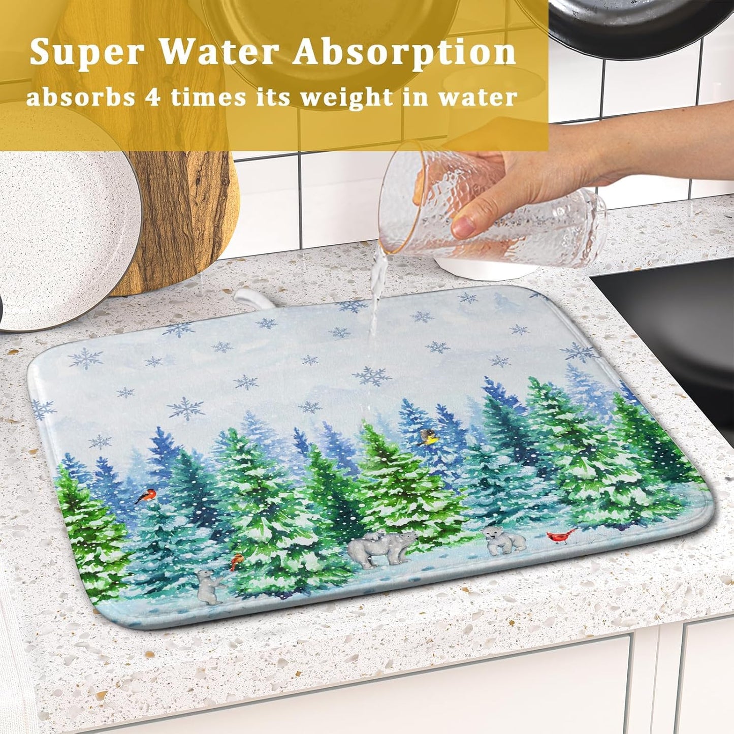 Watercolor Winter Dish Drying Pad Forest Kitchen Mat for Counter for Home Season Decor