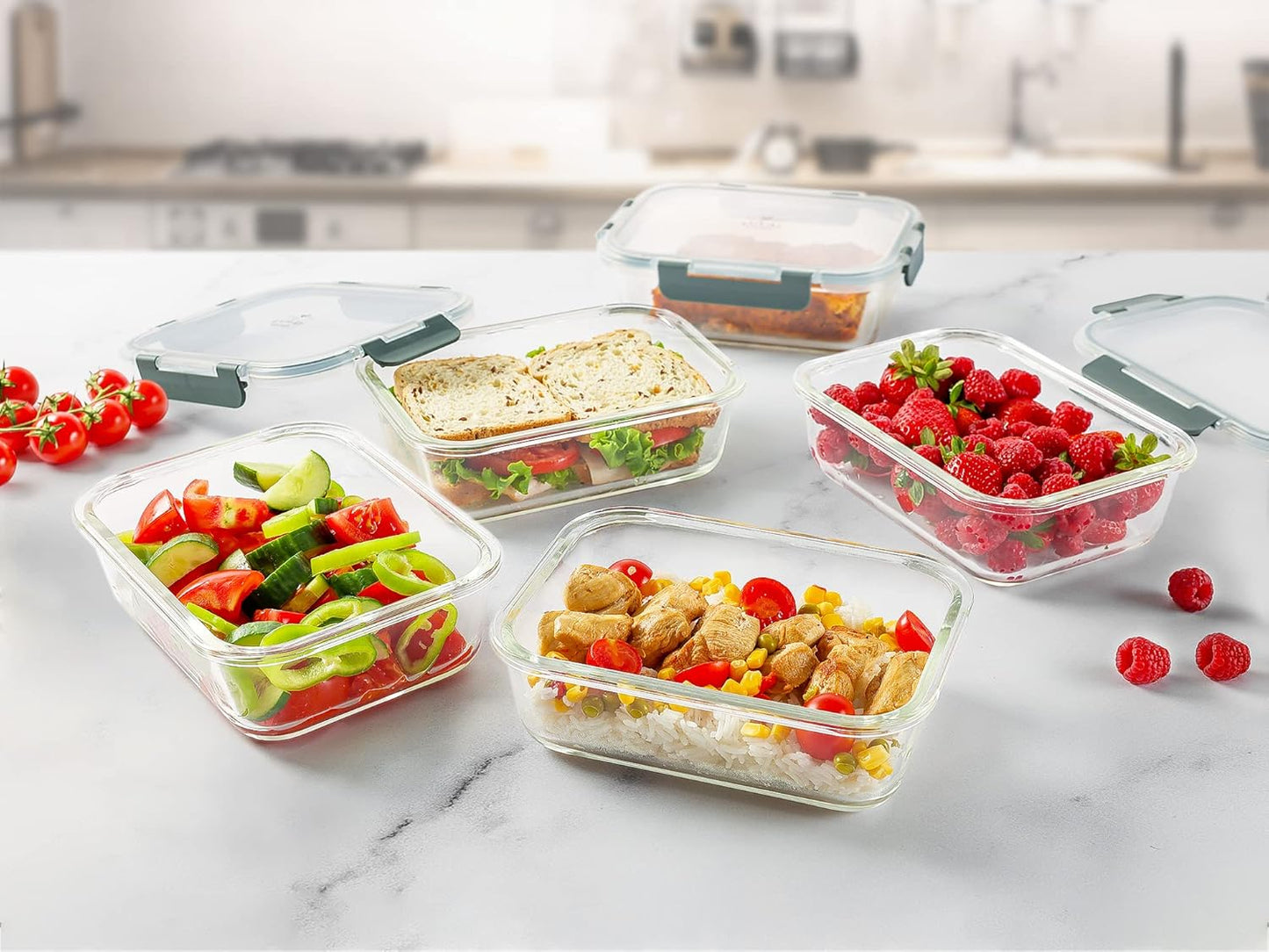 Zulay Kitchen 5 Pack Glass Meal Prep Containers with Lids - Airtight, Premium Borosilicate Glass Food Storage Containers - Microwave, Freezer & Oven Safe, BPA Free - Gray