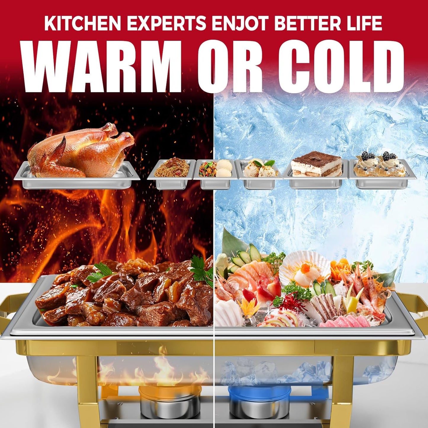 4 Pack Chafing Dish Buffet Set, 8QT Stainless Steel Rectangular Gold Frame Chafers and Buffet Warmer Sets 7 Pans Rolled-Edge Design for Catering Event Party Holiday