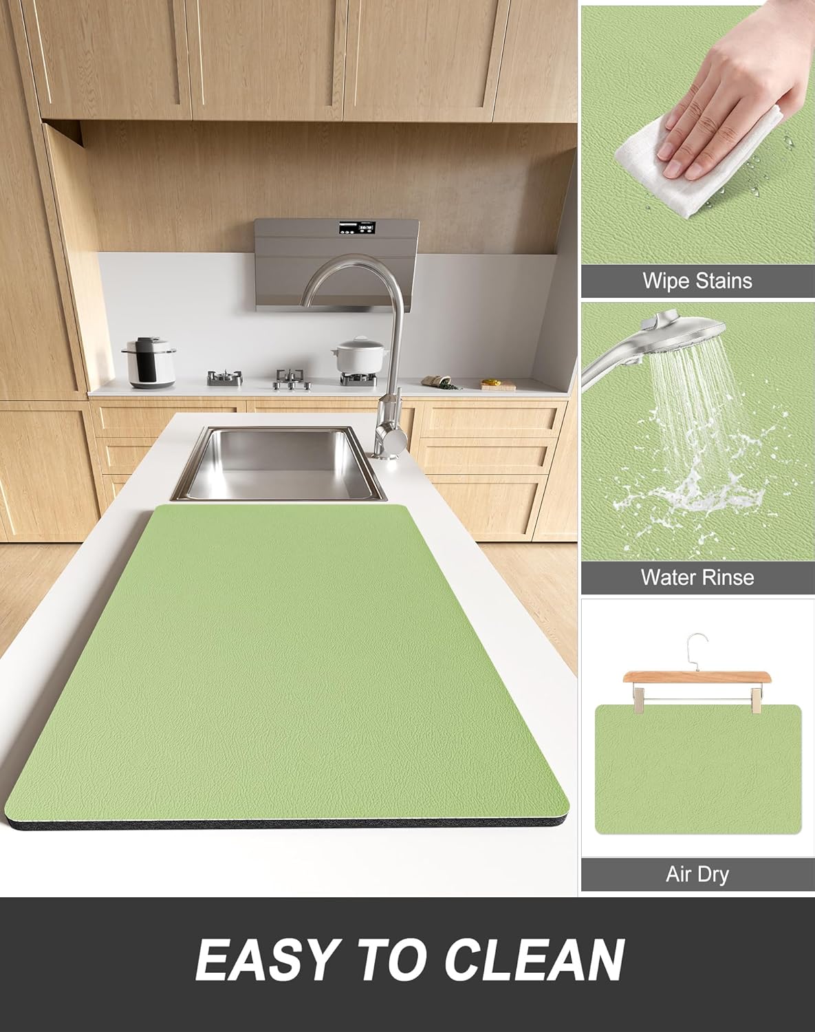 Rnivvi Dish Drying Mat for Kitchen Counter, 12 x 19" Super Absorbent Drainer Pad Easy Clean Dish Rack Pad, Non-Slip Heat Resistant Coffee Bar Mats for Coffee Machine Station Accessories Decor, Green