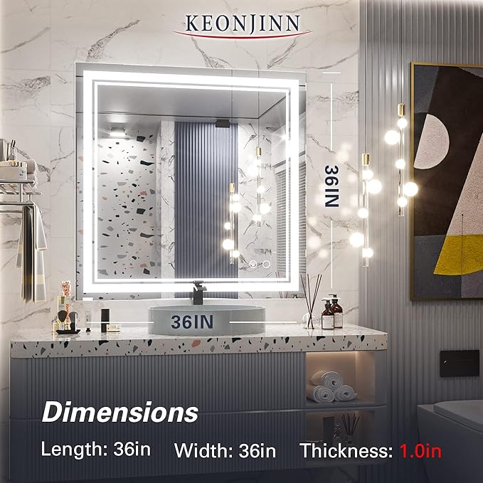 Keonjinn 36 x 36 Inch LED Bathroom Mirror