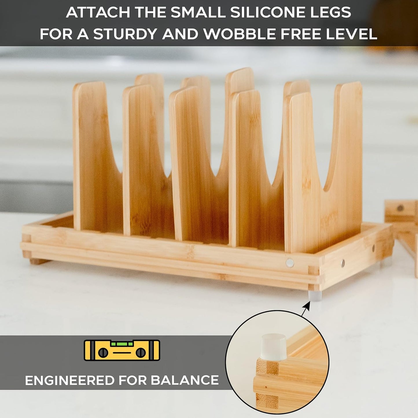 Pot and Pan Organizer for Under Cabinet – Bamboo Pot Lid Organizer for Cabinet with Magnetic Lock, Expandable 2-in-1, Adjustable Dividers, Non-Slip Base for Cutting Boards, Cookie Sheets, Bakeware