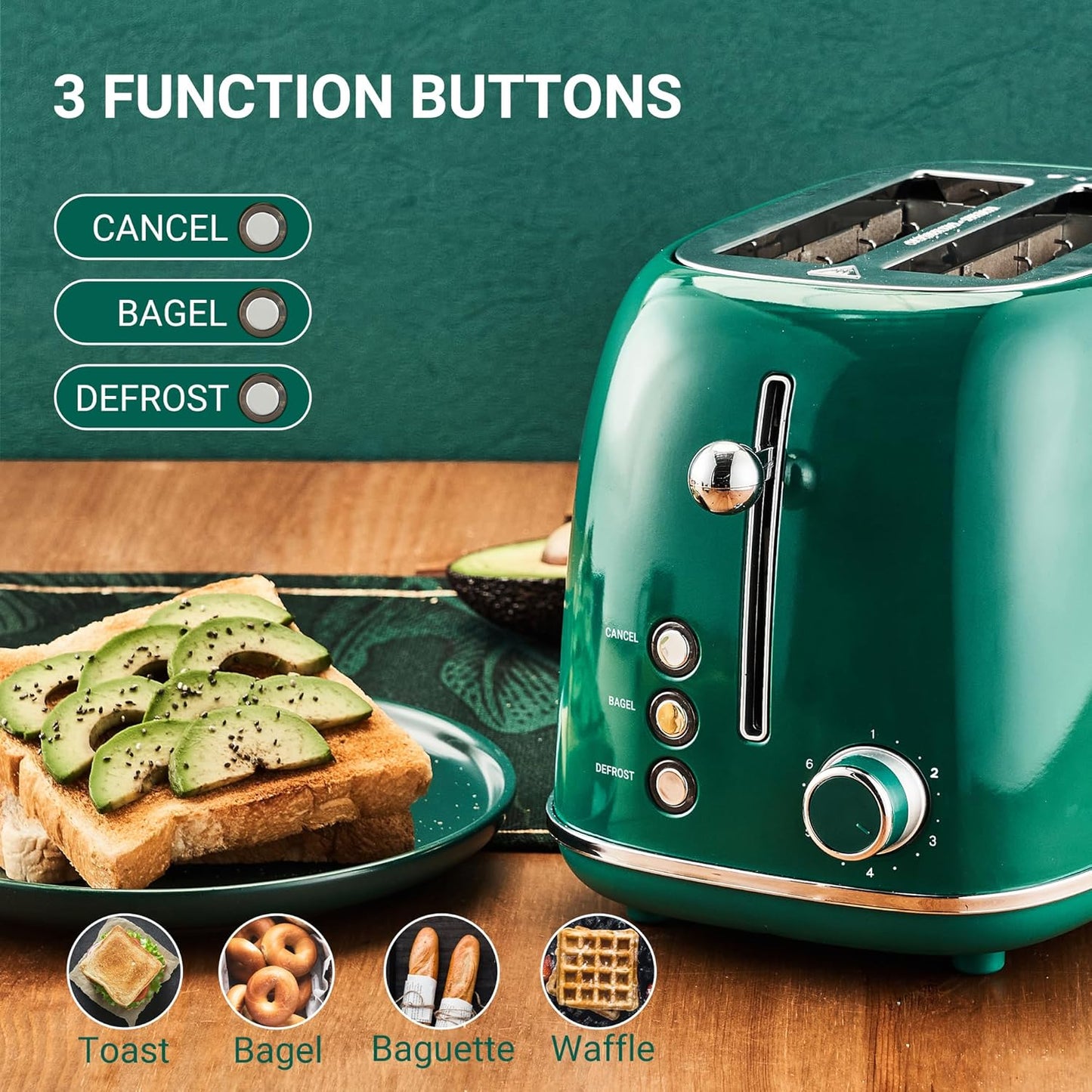 2 Slice Toaster Retro Stainless Steel with Bagel, Cancel, and Defrost Functions, 6 Bread Shade Settings, Extra Wide Slots and Removable Crumb Tray, Green