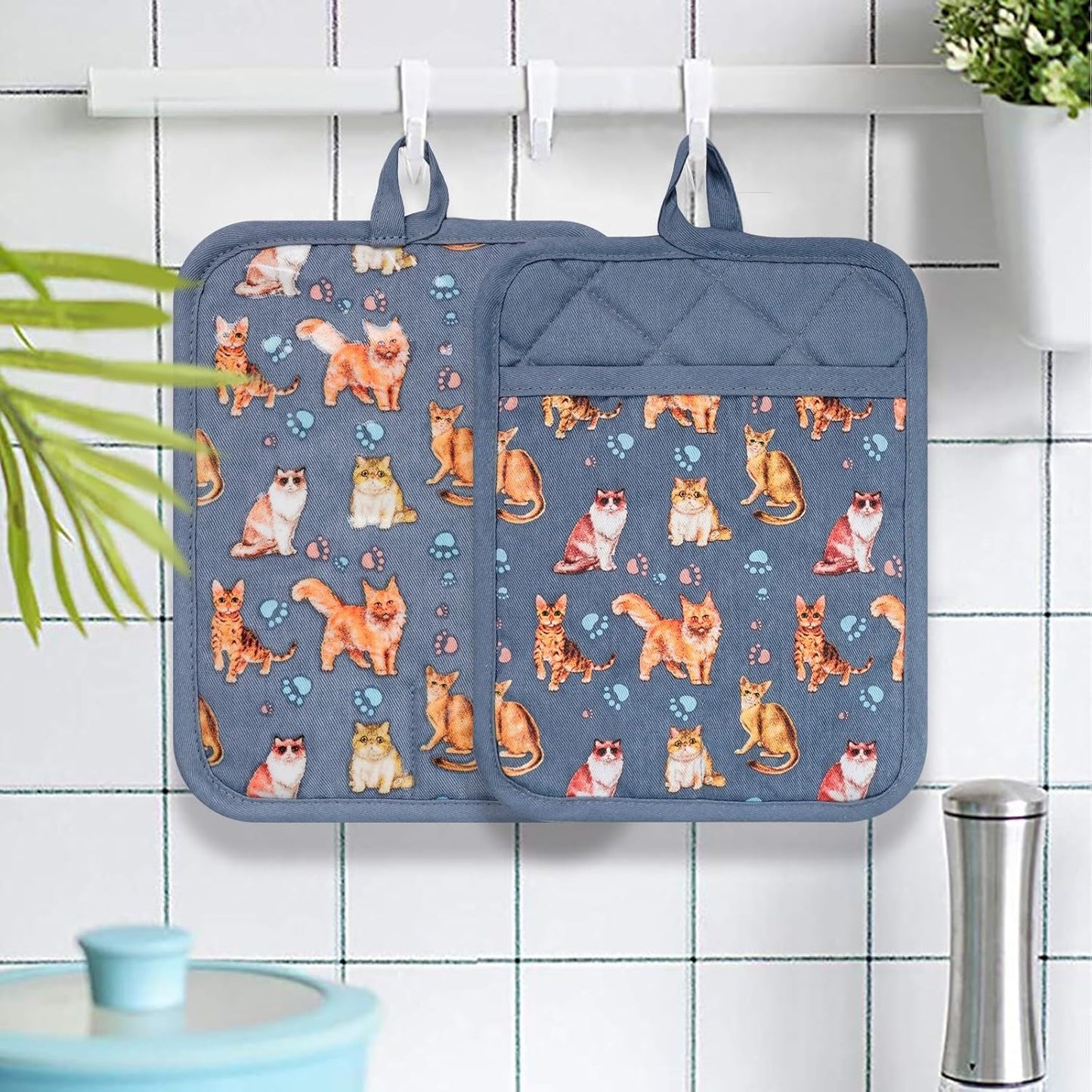Pot Holders Set of 2 Heat Resistant 480 ℉Non Slip Clear Silicone Printed Comfortable Cotton Lining Kitchen Women Men Cooking Baking Microwave Machine Washable (Cat, Blue potholders)