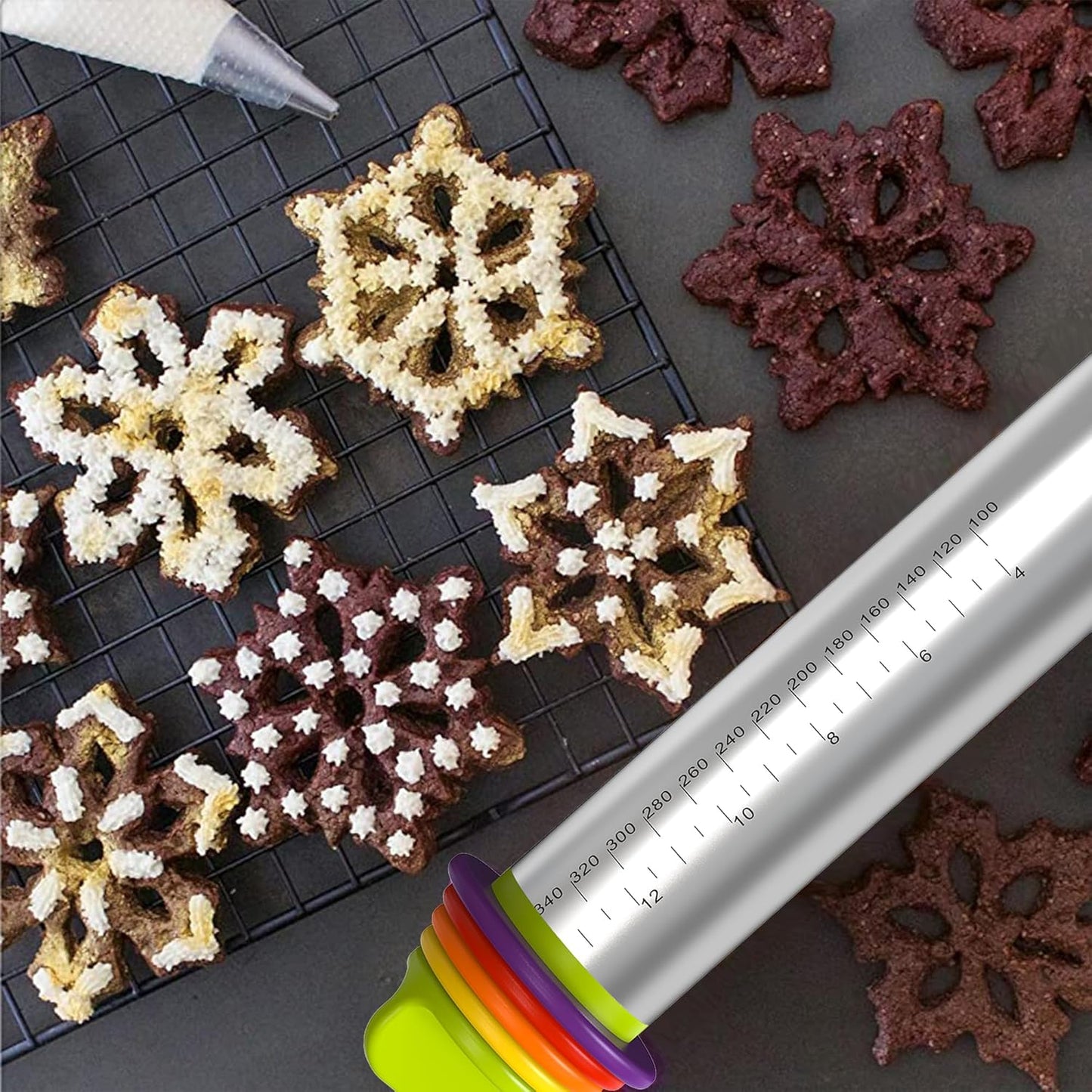 Stainless Steel Rolling Pin with Thickness Rings and Pastry Baking Mat, 13.6" Adjustable Rolling Pin Dough Roller for Baking Cookie Pizza, Comes with Large Silicone Pastry Mat and Wooden Stand