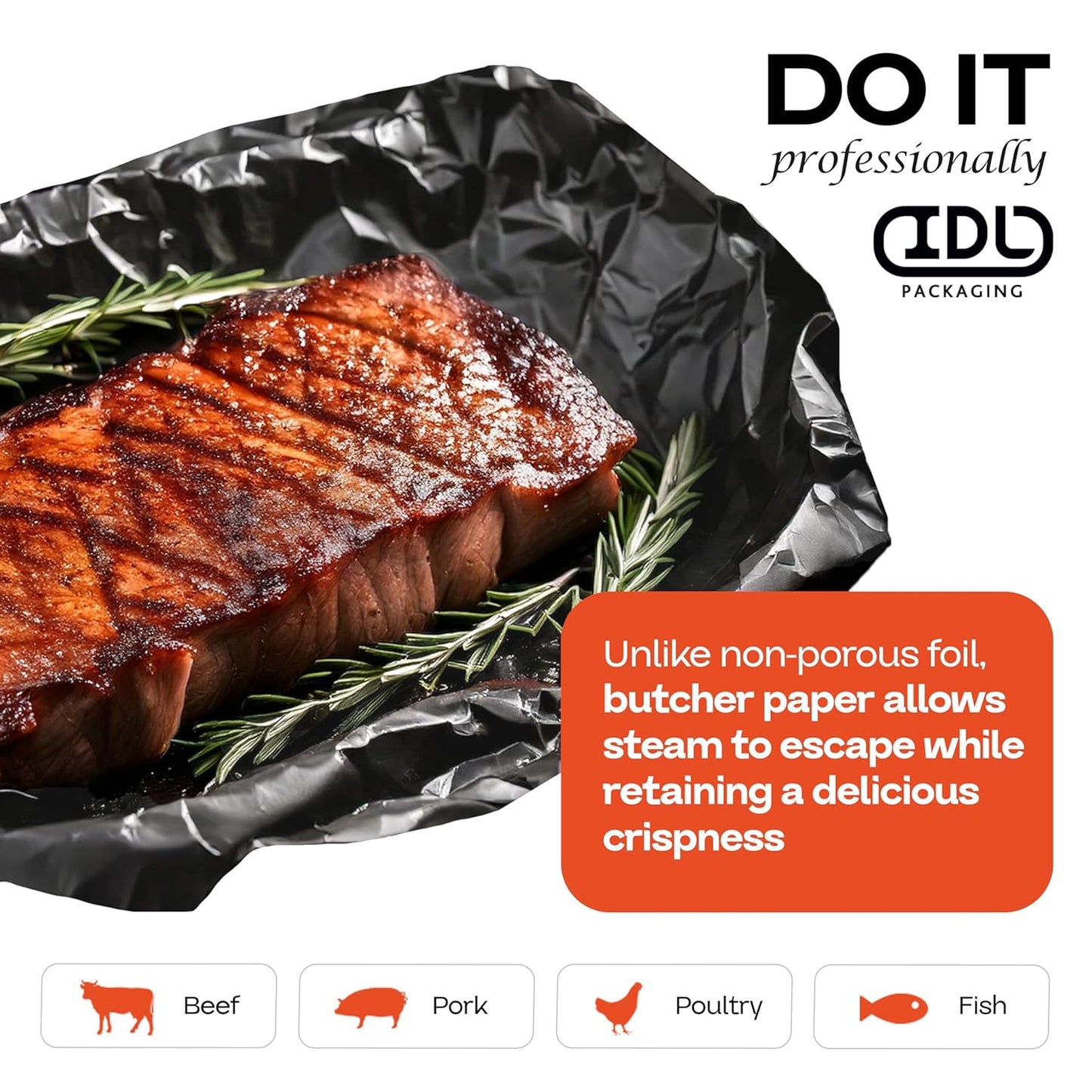 Black Butcher Paper 18" x 2160" (180 feet) - USA-Made Natural Butcher Paper Roll for Meat and Fish - Uncoated, Unwaxed & Food-Grade Material for Grilling - BBQ Papers for Smoking by IDL Packaging