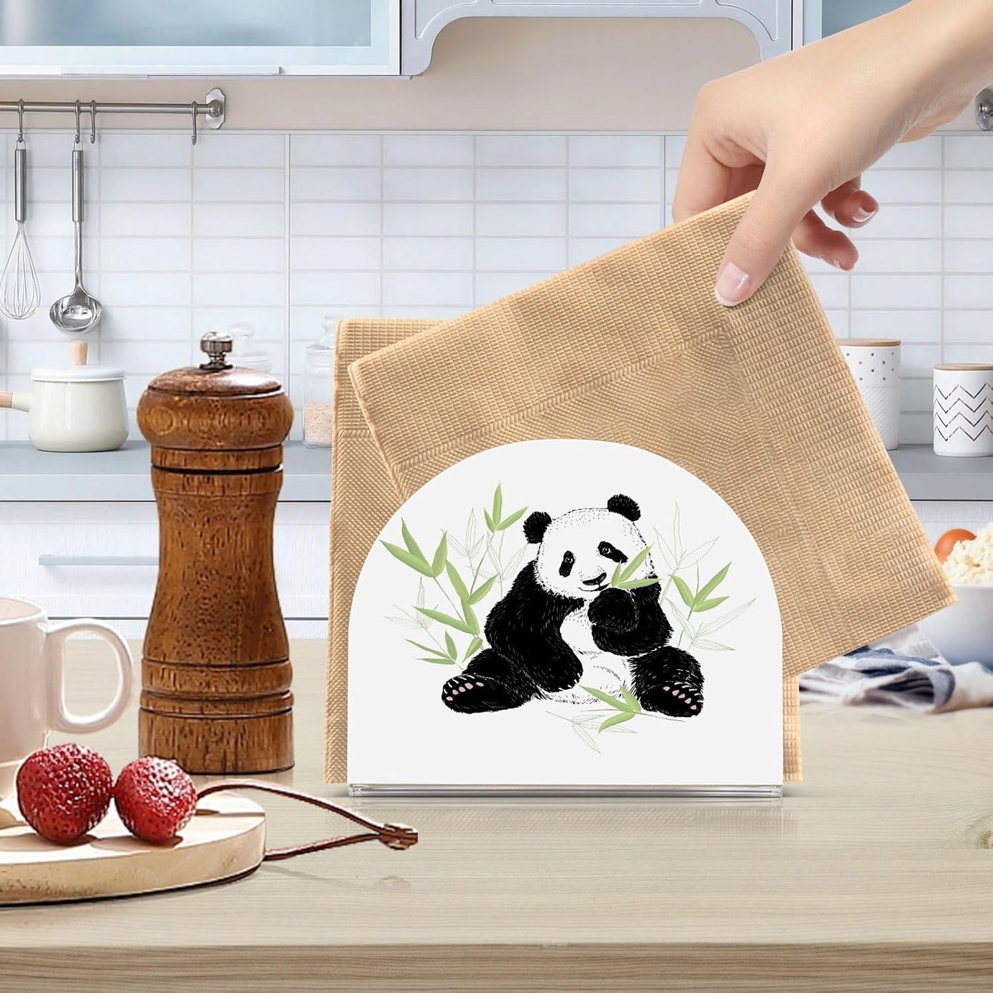 Cute Panda Eating Bamboo Napkin Holder for Table Paper Napkins Holder Acrylic Tissue Dispenser Kitchen Dining Room Bathroom Party Car Decor