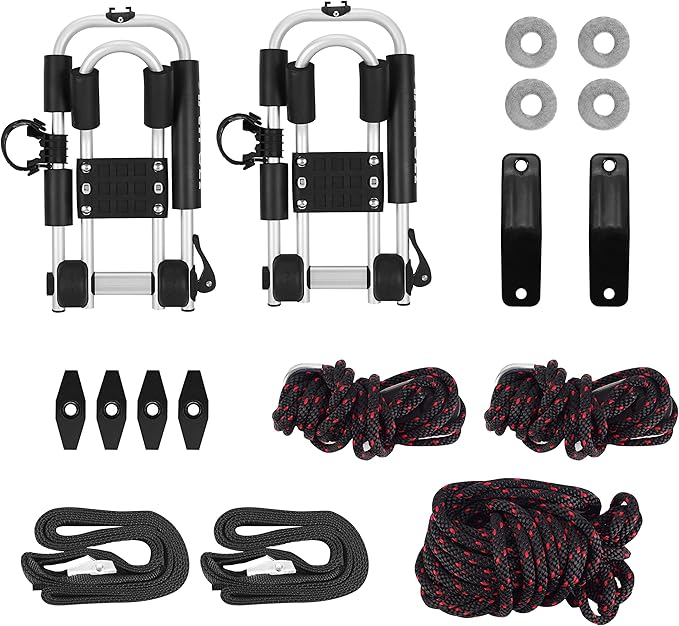 Kayak Roof Rack Carrier Kayak & Canoe Car Racks J-Bar with 3-in-1 Multifunction Paddle Holder for Easy Mount Kayak/Surf/Ski/Canoe/SUP on SUV, Car and Truck Crossbar