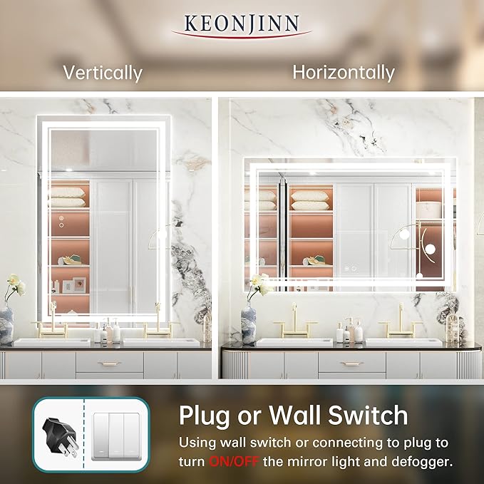 Keonjinn 48 x 30 Inch LED Mirror Lighted 6000K(Horizontal or