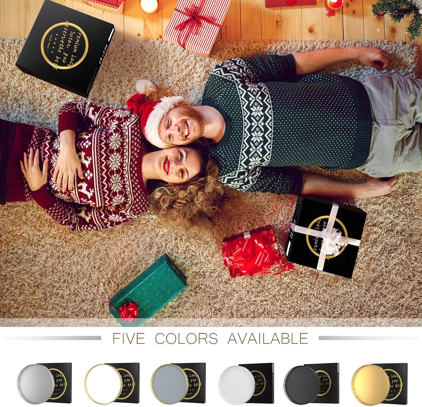 13“ Wooden Lazy Susan Turntable for Cabinet – Round Rotating Spice Rack Organizer, White Kitchen Countertop Tray for Dining Table & Pantry Storage (White & Gold)