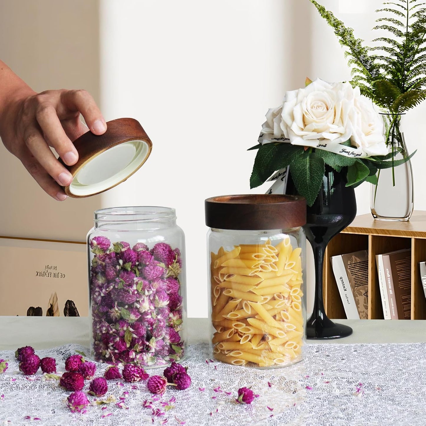 Glass Coffee Jars Spice Jar Round Storage Canister with Wooden Lid Clear Glass Food Jar for Pantry Sugar Tea Coffee Bean Spice Nuts Cookies Bath Salts (900ML*2PACK)