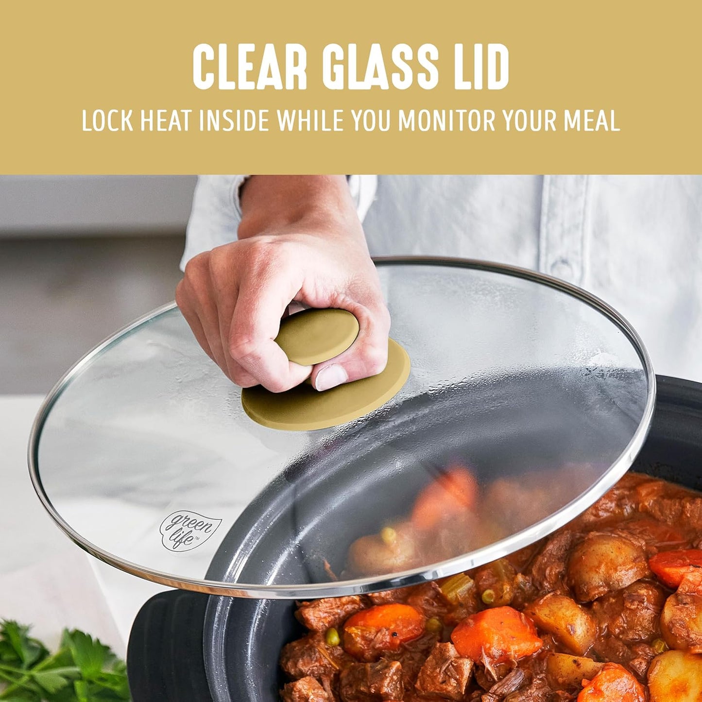 GreenLife 6QT Slow Cooker, Non-Toxic PFAS-Free Ceramic Nonstick Removable Interior Bowl, Programmable, Family Friendly, Keep Warm, Stovetop & Oven Safe, Dishwasher Safe Parts, Timer, Glass Lid, Yellow