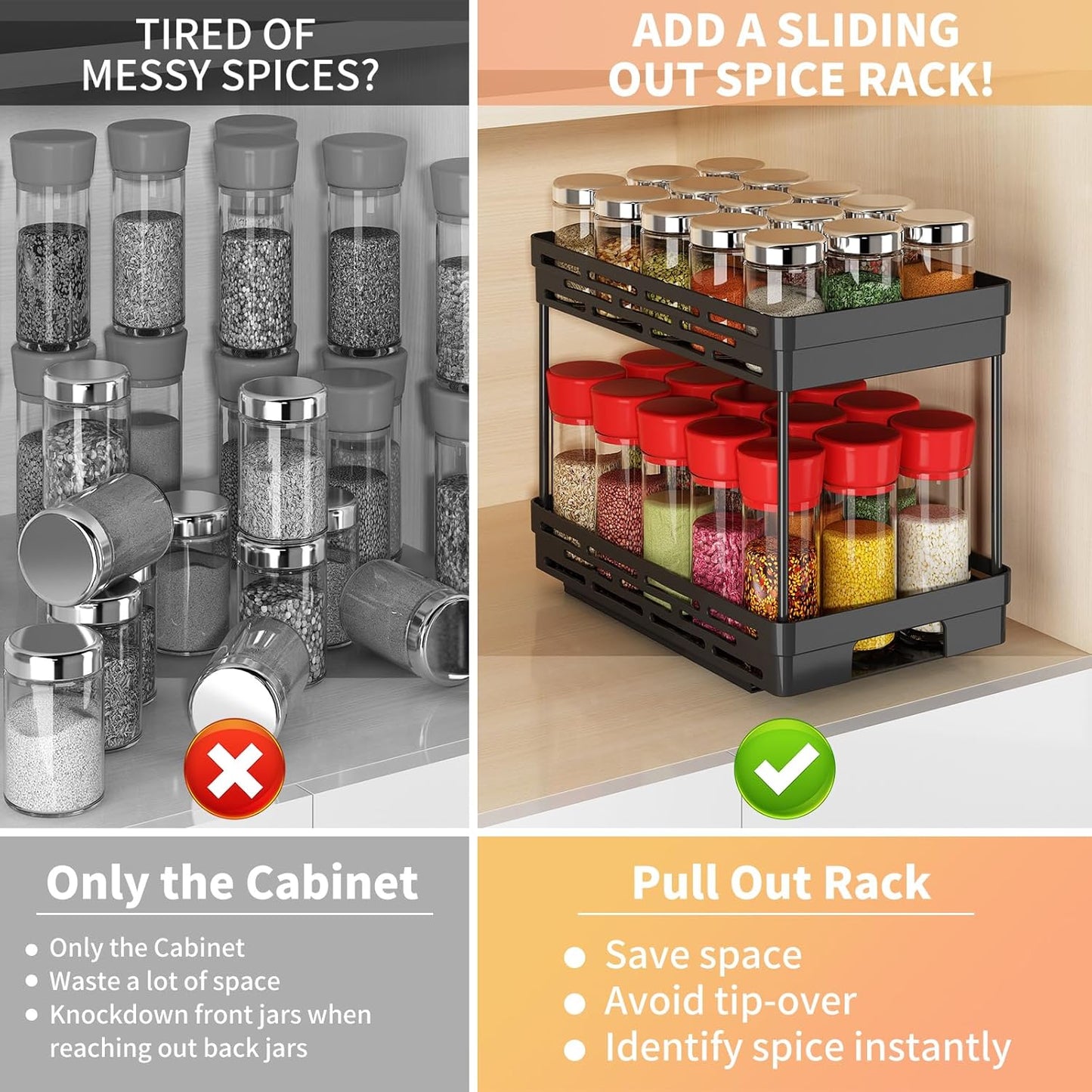 Pull Out Spice Rack Organizer for Cabinet, 2 Pack Widen Slide Out Spice Racks Organizer, Spice Cabinet Organizers, Cabinet Size Need:12'' Highx11'' Deepx6.75'' Wide,Hold 15 Spice Jar Each Tier-2Tier