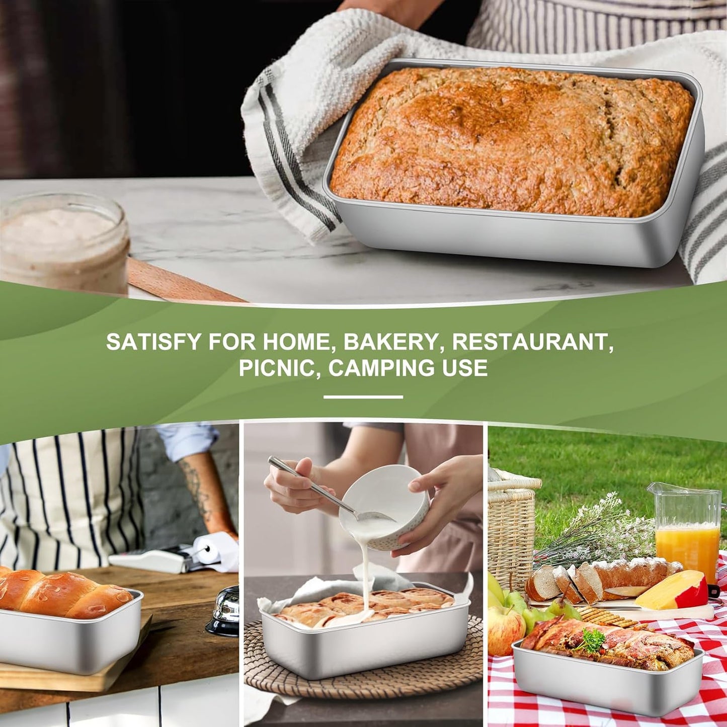 P&P CHEF Loaf Pan Set, 9-inch Bread Pans, Stainless Steel Loaf Toast Baking Pans For Bread Meatloaf Lasagna Cake, Healthy & Non Toxic, Oven & Dishwasher Safe,(Silver, 10Pcs)