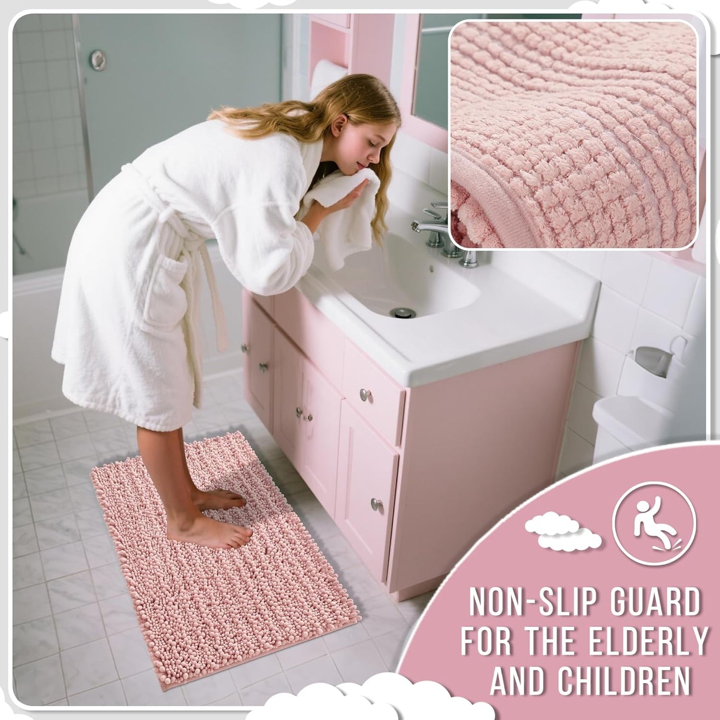 Yimobra Long Bathroom Rugs Non Slip Washable 44x24 Inch - Ultra Soft Absorbent Chenille Bath Mat, Quick Dry Shaggy Floor Carpet for Tub Shower, Light Pink Home Decor Accessories