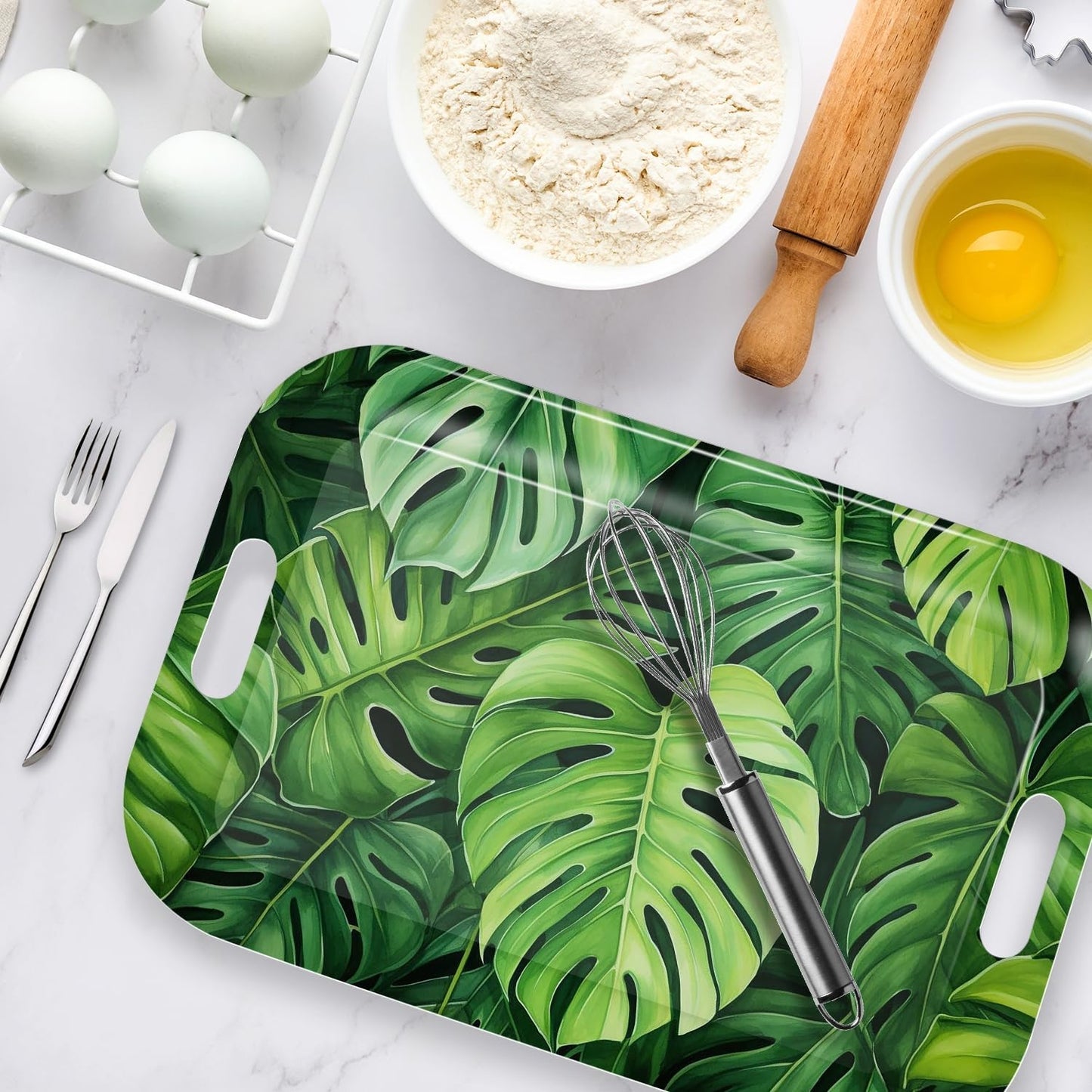 Serving Trays with Handles, 14.5 x 9.8 inch Rectangular Plastic Tray for Restaurant, Kitchen, Tropical Leaf Pattern Monstera in The Style