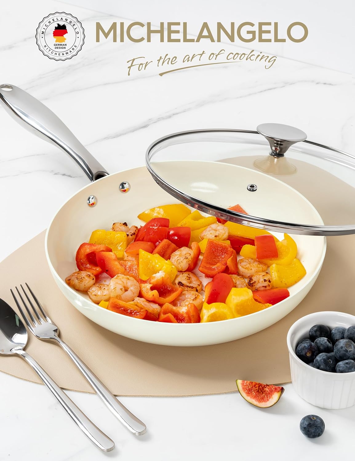 MICHELANGELO Small Frying Pan with Lid, 8 Inch Non Stick Fry Pan, Non Toxic Ceramic Skillet, Oven Safe, Induction Compatible, White