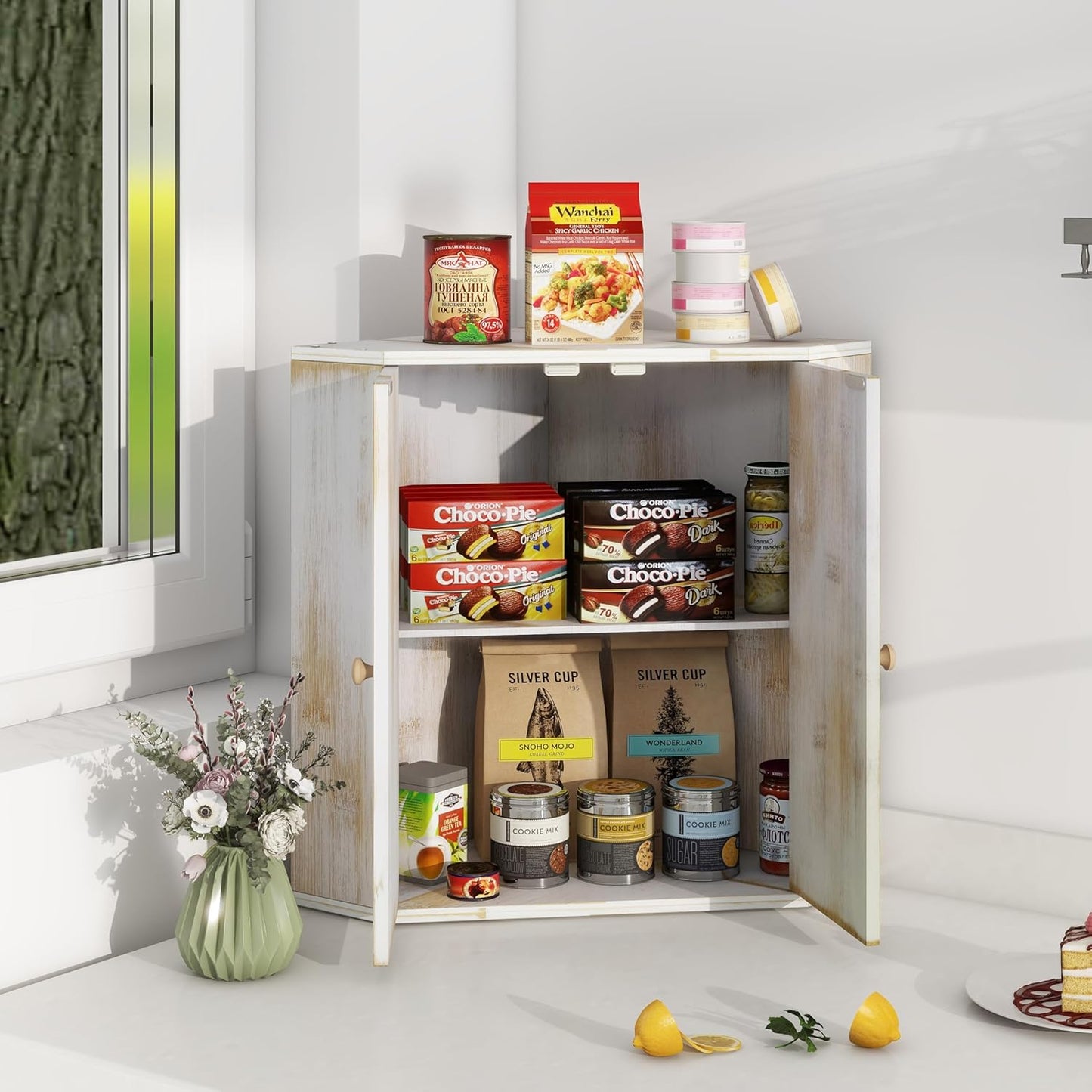 Corner Bread Box for Kitchen Counter Double Layer Bamboo Bread Storage Container Large Capacity Bread Storage Bin Farmhouse Breadbox Organizer