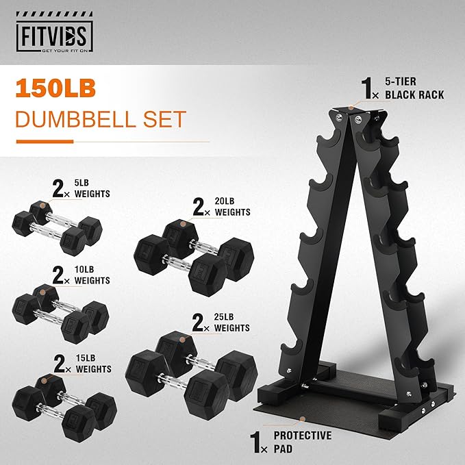 Rubber Coated Hex Dumbbell Weight Set and Storage Rack, 100LB Set or 150LB Set, 5-20 lbs Pairs or 5-25 lbs Pairs