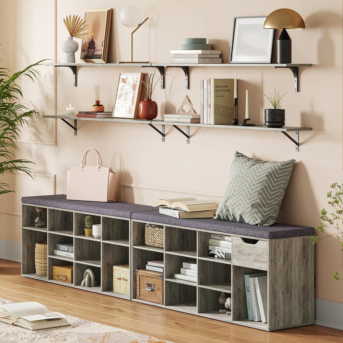 DINZI LVJ Long Wall Shelves, 47.3Inch Wall Mounted Shelves Set of 2, Extra Large Floating Storage Ledges with Sturdy Metal Brackets for Living Room, Bathroom, Bedroom, Kitchen, Gray Wash