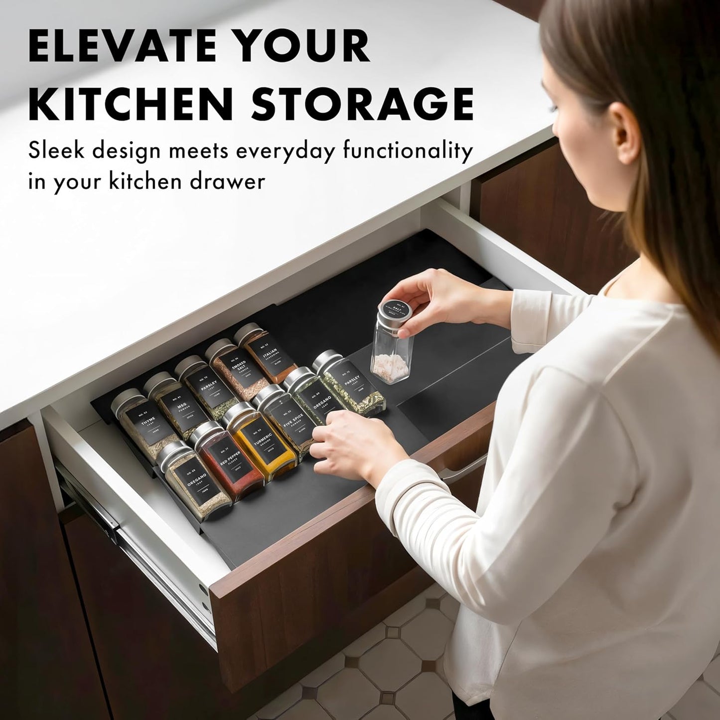 Spice Drawer Organizer - Expandable Spice Rack for Drawer, Black Seasoning Organizer for Drawer Spice Organizer, Spice Organization Seasoning rack insert for Cabinet (Jars Not Included)