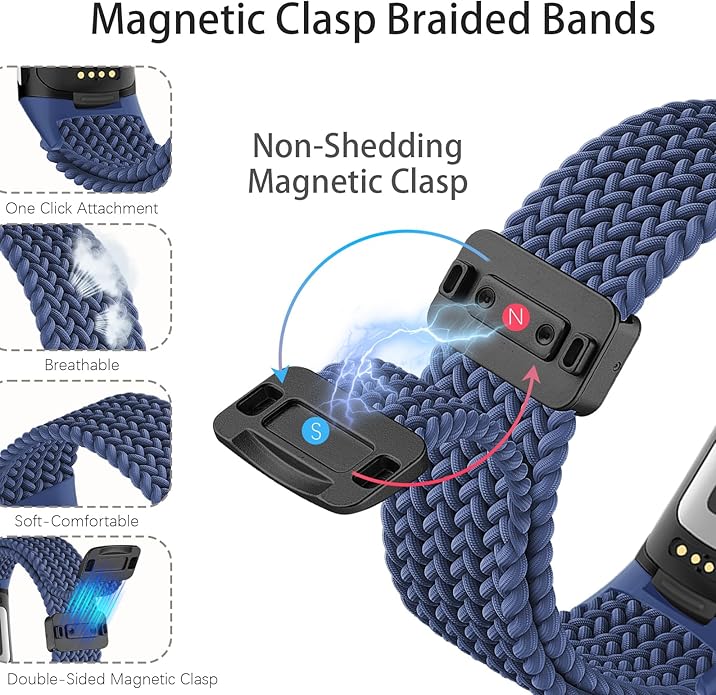 Magnetic Braided Nylon Compatible with Fitbit Charge 6 Bands/Fitbit Charge 5 Bands for Women Men, Soft Sport Stretchy Breathable Strap Replacement Wristband for Charge 6/Charge 5