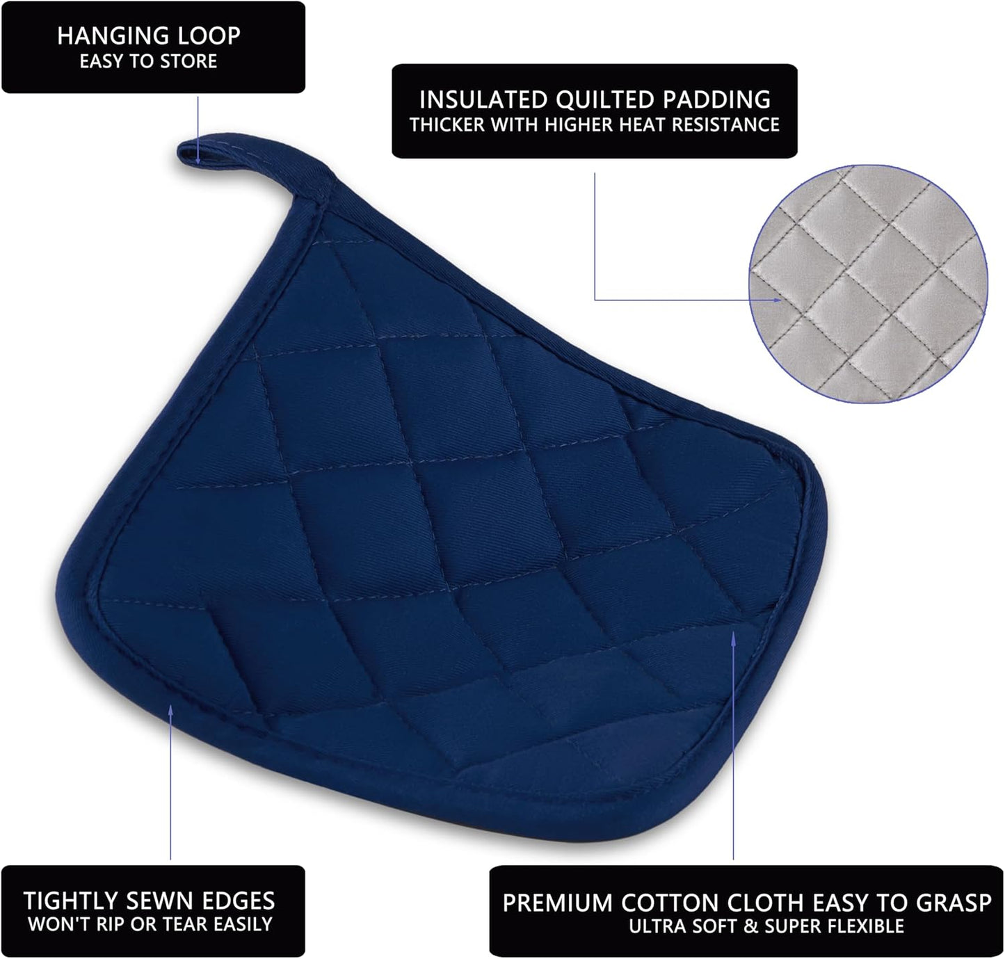 Kitchen Pot Holders Set Heat Resistant Pure Cotton Potholders Kit Trivets Large Coasters Hot Pads Terry Pot Holders for Everyday Cooking and Baking by 7 x 7 Inch Set of 6 Blue