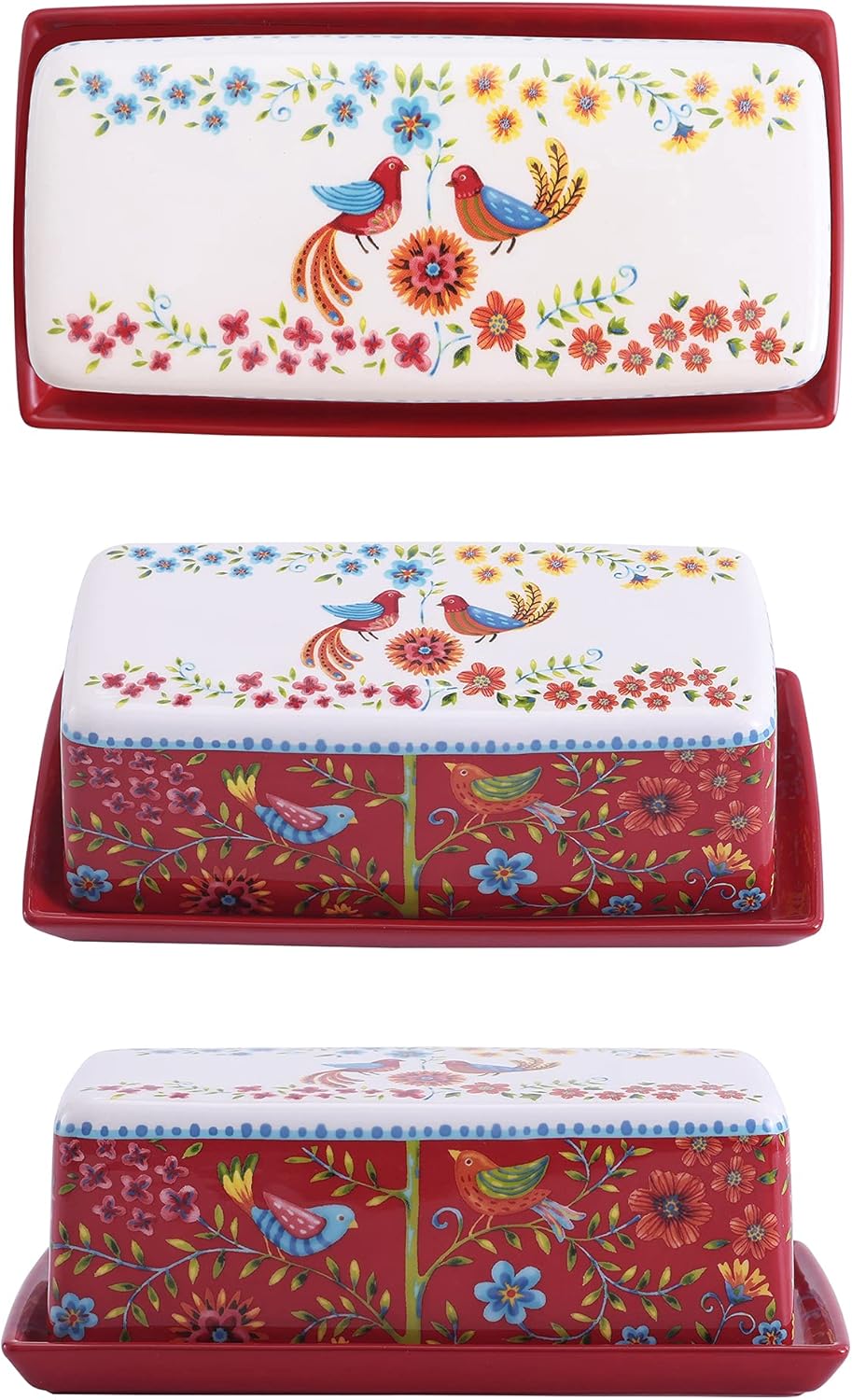 Bico Red Spring Bird Ceramic Butter Dish with Lid, Wide Butter Keeper for Counter, Kitchen Countertop, Microwave and Dishwasher Safe
