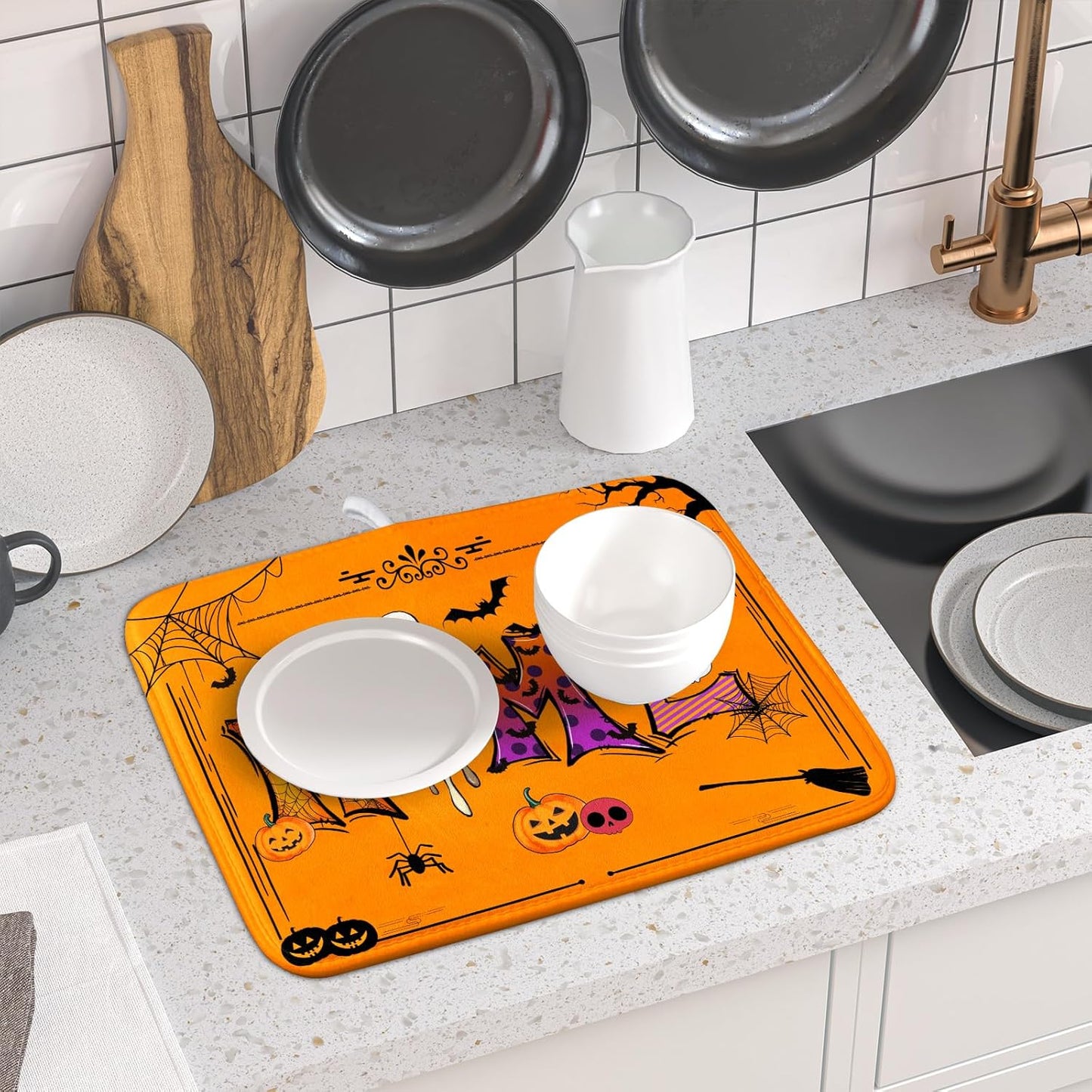 Funny Festival Dish Drying Mats for Kitchen Counter Orange Halloween Home Decoration Coffee Mat