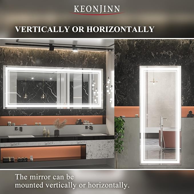 Keonjinn 72 x 30 Inch LED Bathroom Mirror 6000K (Vertical/Horizontal)