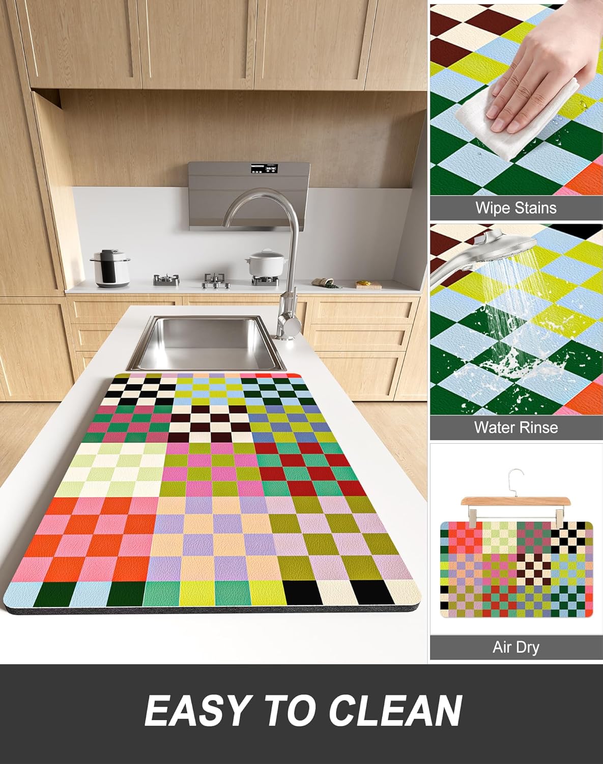 Rnivvi Dish Drying Mat for Kitchen Counter, 12 x 19" Cute Checkered Absorbent Draining Pad, Non-Slip Heat Resistant Coffee Bar Mats for Coffee Machine Station Accessories, Colorful Dish Rack Pad