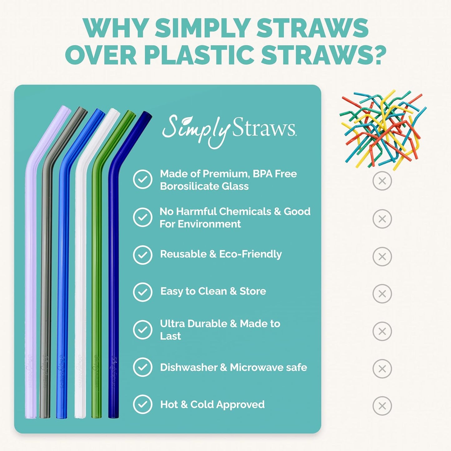 Simply Straws 8 Inch Glass Straws Bent (6-Pack) – Reusable Glass Straws for Pints & Juice Drinkware, with Cleaning Brush – Dishwasher Safe, Hot & Cold Use, BPA-Free (Seaglass)
