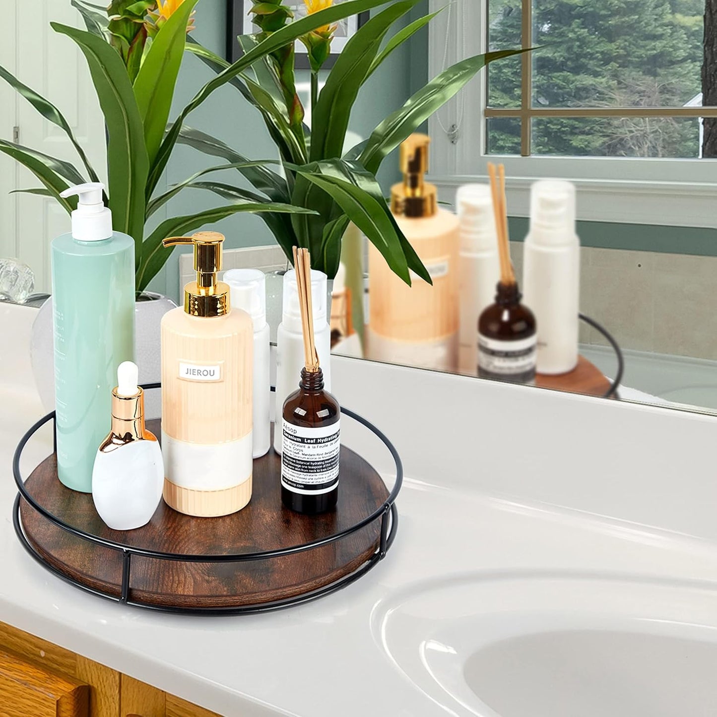 10 Inch Wood Lazy Susan, Rustic Brown Turntable Organizer with Steel Frame, 360 Degree Decorative Turntable for Countertop or Centerpieces