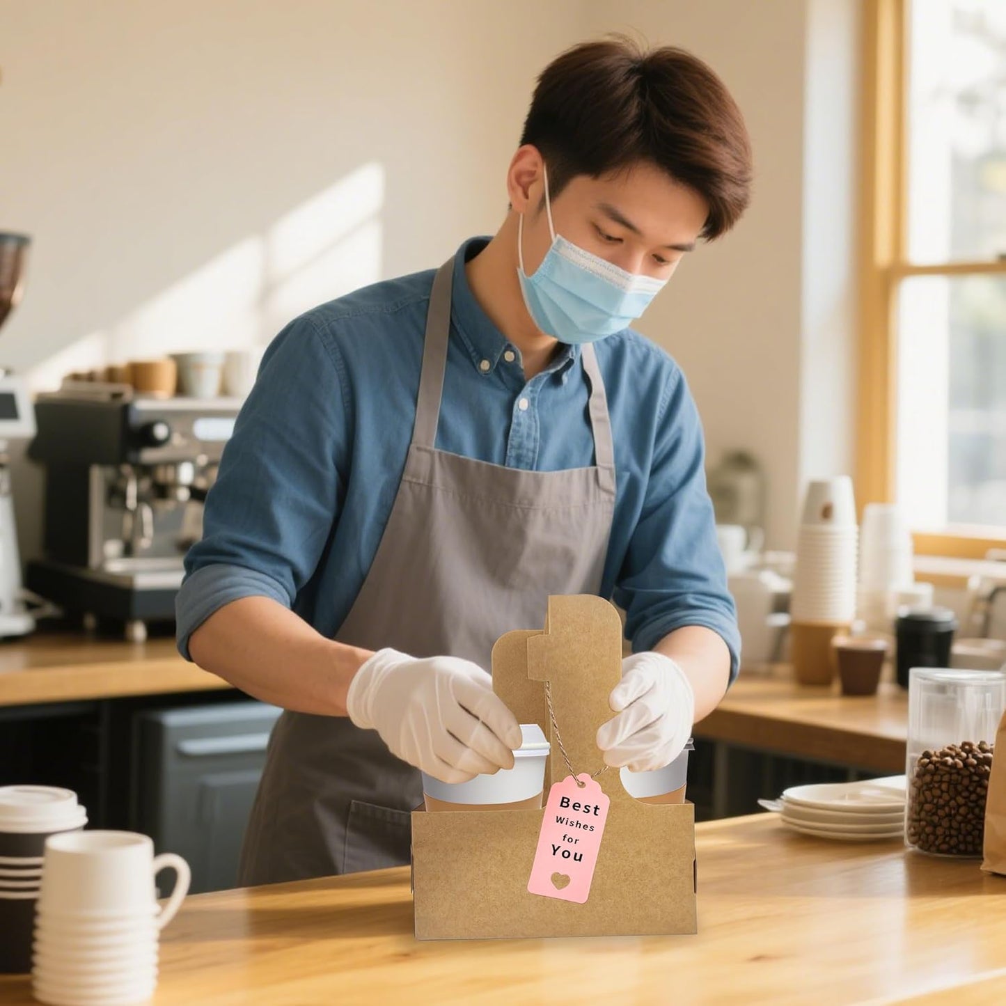 2 Cup Drink Carrier,32 Pack Coffee Cup Holders with Handle,Cardboard Cup Holders for Hot or Cold Drinks,Coffee Carrier with Ribbon and Card,Food Delivery Services and Bouquet(Kraft)