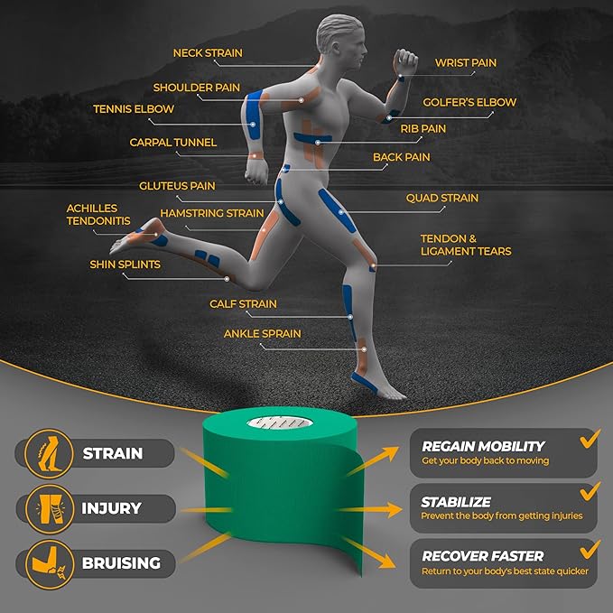 Kinesiology Tape-Incredible Support for Athletic Sports and Recovery + Free Taping Guide-Uncut 2 inch 50 feet Roll (Forest Green + Free Taping Guide, Pack of 1)