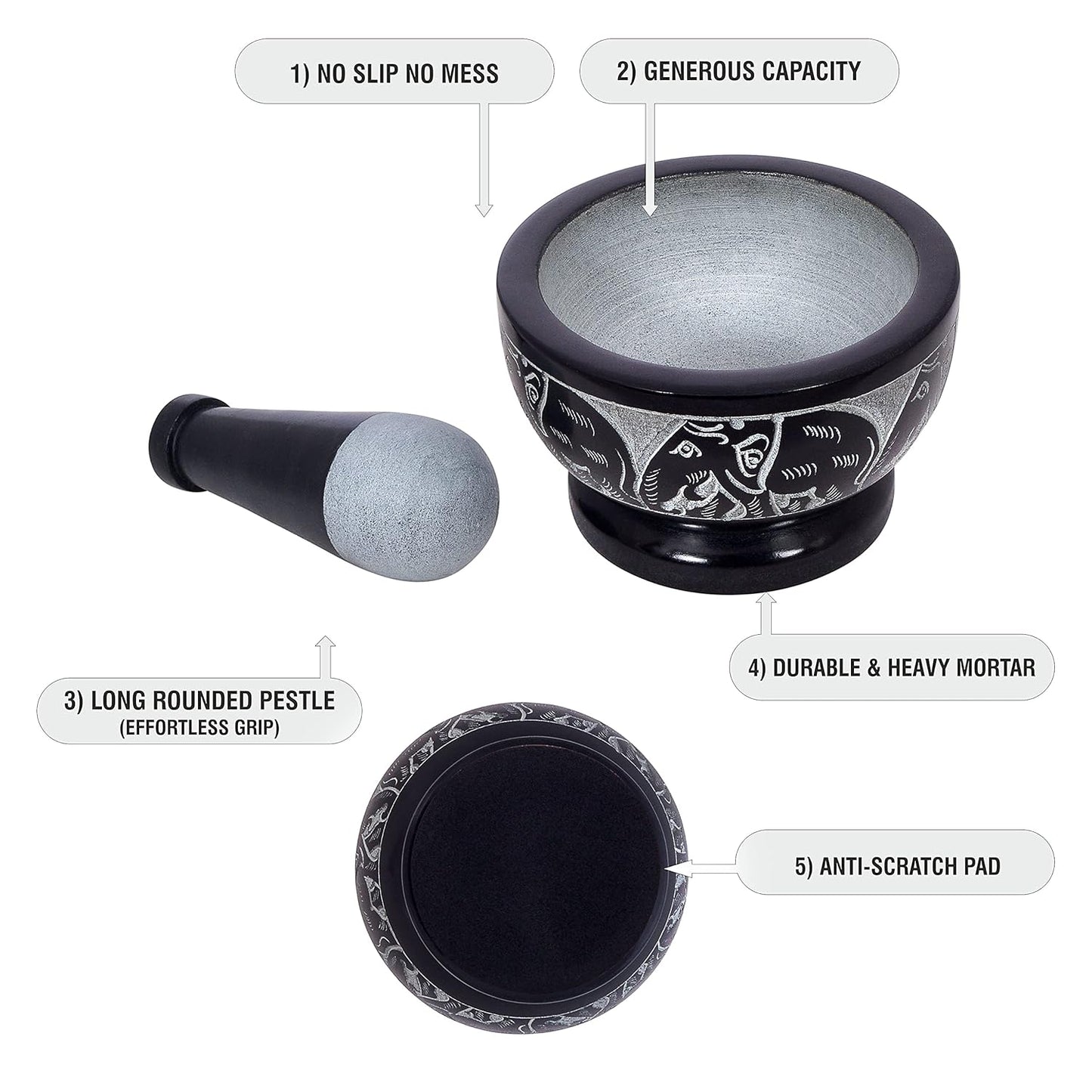 Mortar and Pestle, Made of Heavy Duty Polished Hard Stone, Natural Stone Grinder for Spices, Pastes, Herbs, Seasoning etc. (Elephant)