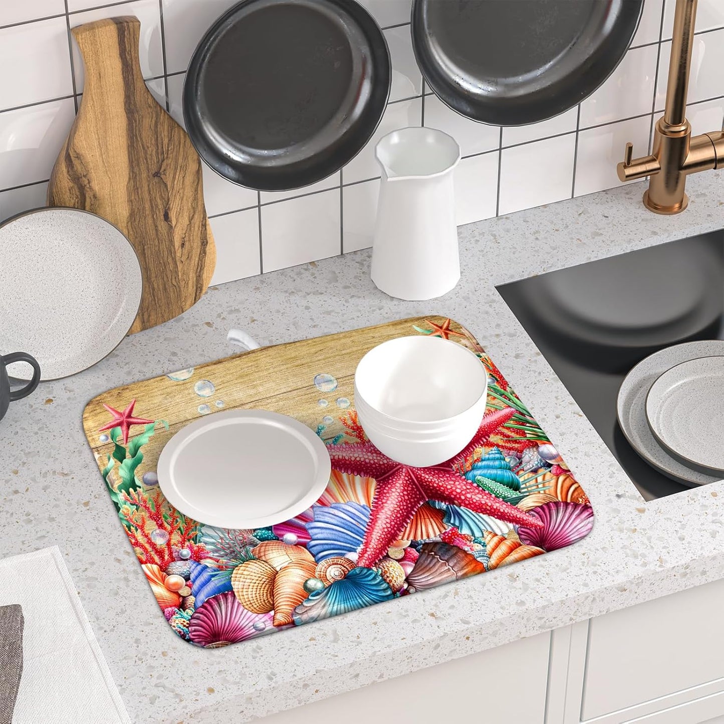 Summer Ocean Dish Drying Mat - Starfish Seashells Absorbent Kitchen Countertop Drying Pad 16 X 18 Inch