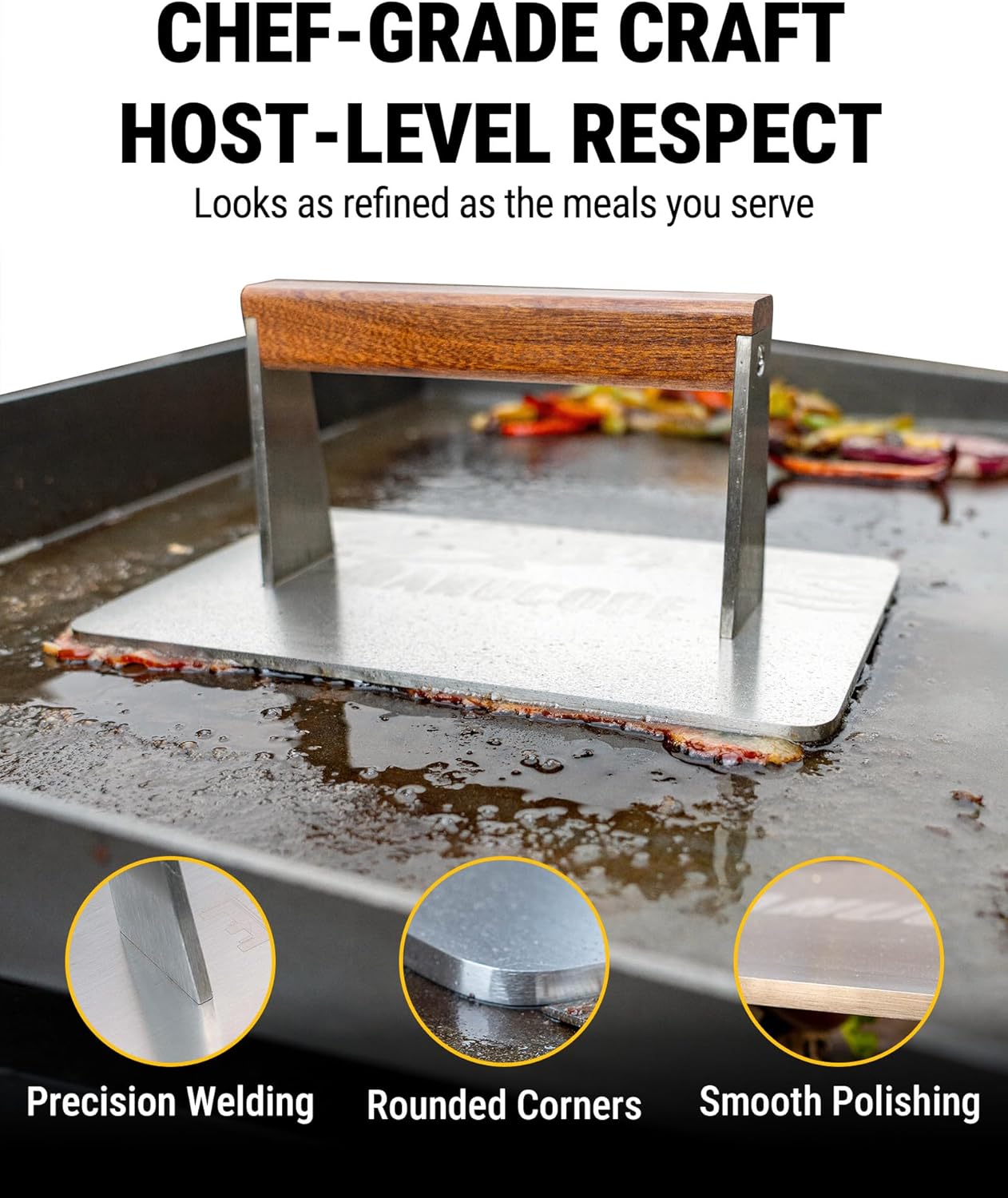 Stainless Steel Bacon Press - 3.2 LB Heavy Cooking Weight, Ideal for Flat Top Grill - Griddle Accessories for Searing Smash Burger, Steak, Sandwich - 9.25 x 5.7 Inches, Flat Bottom, Rectangle