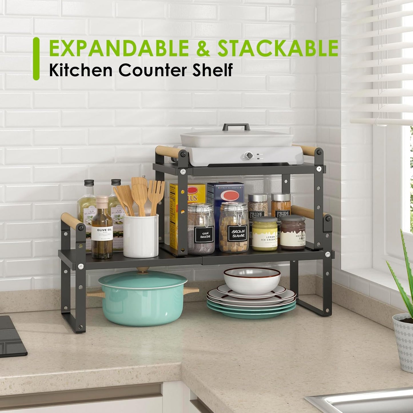 DOLALIKE Expandable kitchen Countertop Organizer, Stackable Cabinet Shelf Organizers, Space Saving Spice Rack Pantry Storage for Bathroom Office Organization (6.9'D*13-19.7''W*15.7''H, Black)