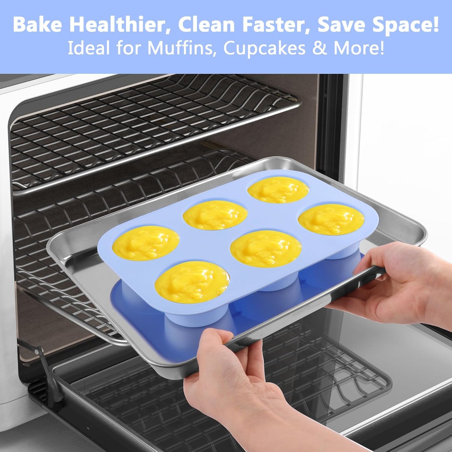 3-Pack 6-Cup Silicone Muffin Pans, Nonstick Cupcake Baking Molds, BPA/PFA-Free, Dishwasher & Oven Safe - Blue