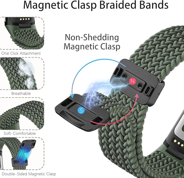 Magnetic Braided Nylon Compatible with Fitbit Charge 6 Bands/Fitbit Charge 5 Bands for Women Men, Soft Sport Stretchy Breathable Strap Replacement Wristband for Charge 6/Charge 5