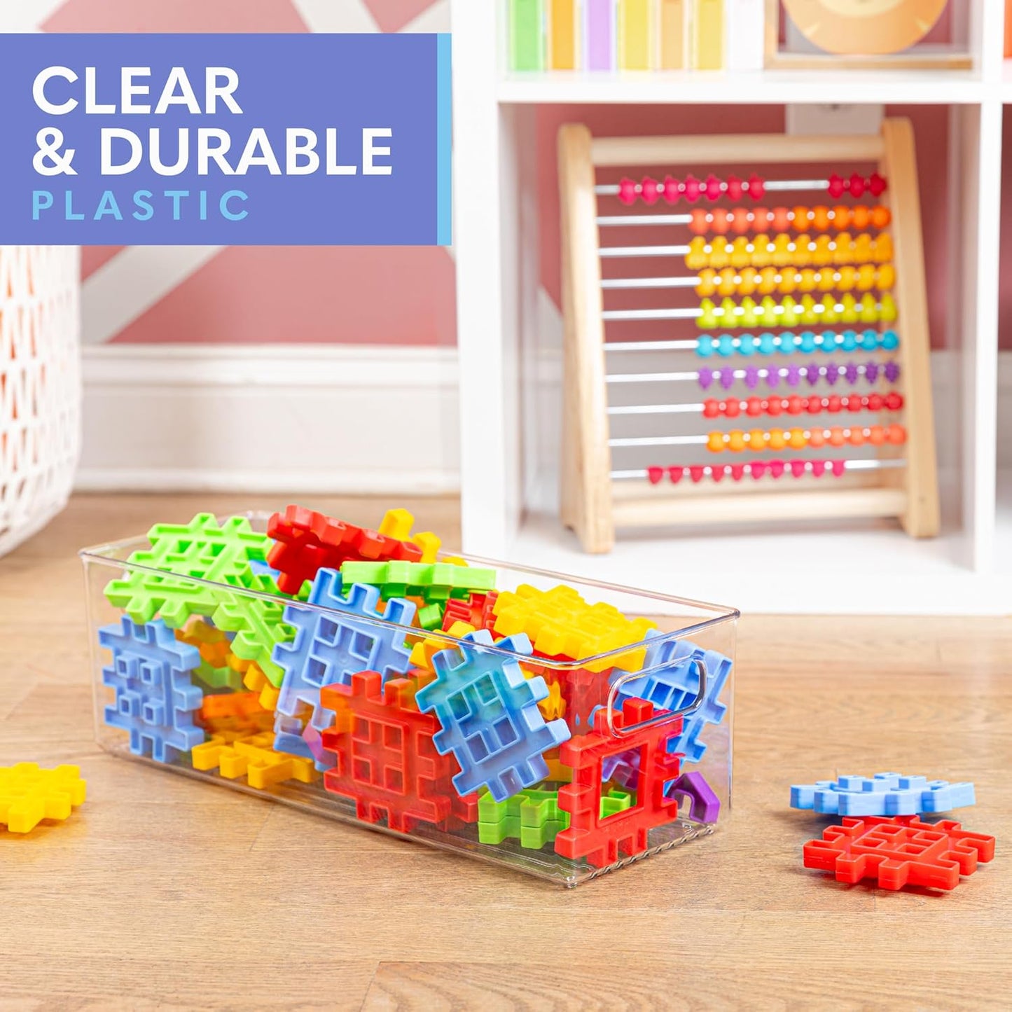 Plastic Food Storage 4 Pack Clear Container Bin with Handles for Organizing Kitchen, Pantry, Refrigerator, Freezer, Pantry, Cabinet, Closet, Bathroom. 16”x6”x5”