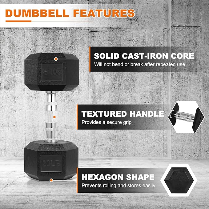 Rubber Coated Hex Dumbbell Weight Set and Storage Rack, 100LB Set or 150LB Set, 5-20 lbs Pairs or 5-25 lbs Pairs