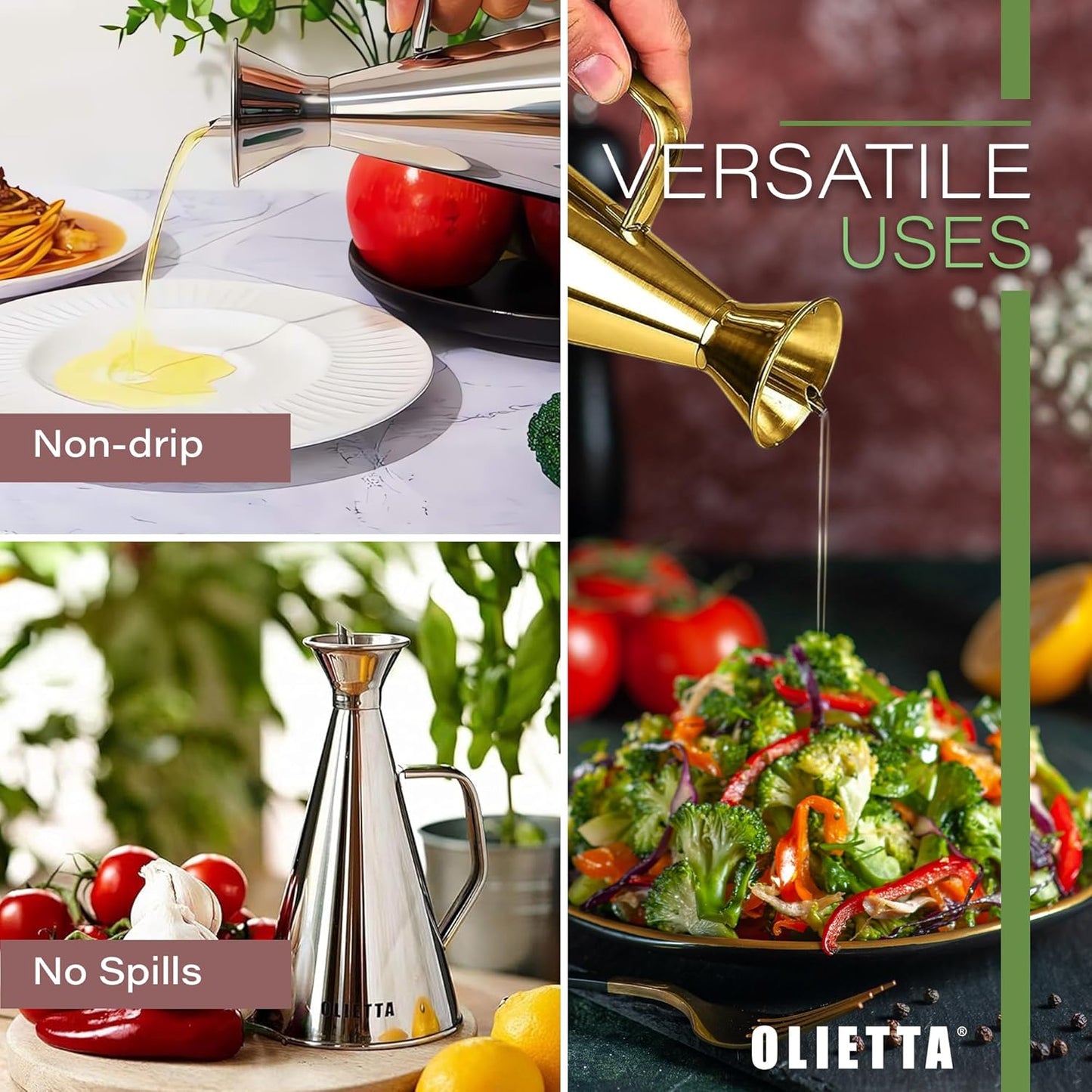 Olive Oil Dispenser Bottle Olietta Stainless Steel Non Drip Leak Proof No Mess Vinegar Pourer & Kitchen Drizzler 25 oz 750ML 0.75 Litre Great for Pouring & Drizzling Easy to Clean & Leakproof